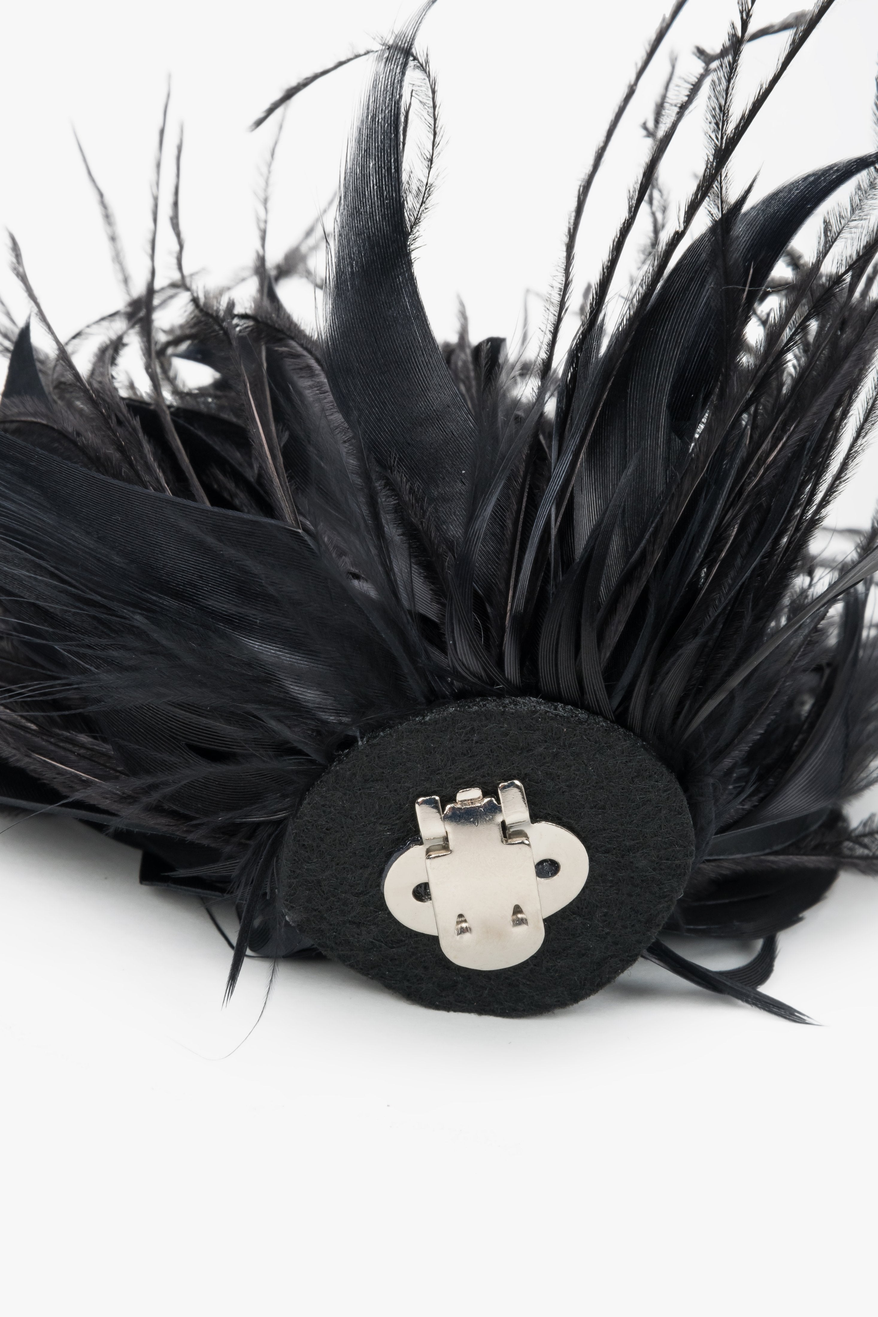 Close-up of detachable black feather trim for high heel sandals