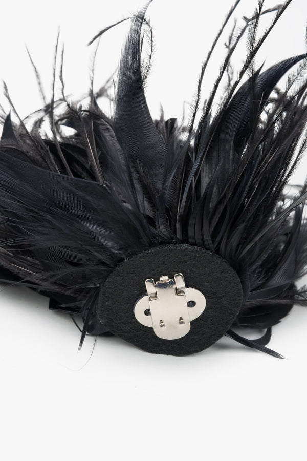 Close-up of detachable black feather trim for high heel sandals