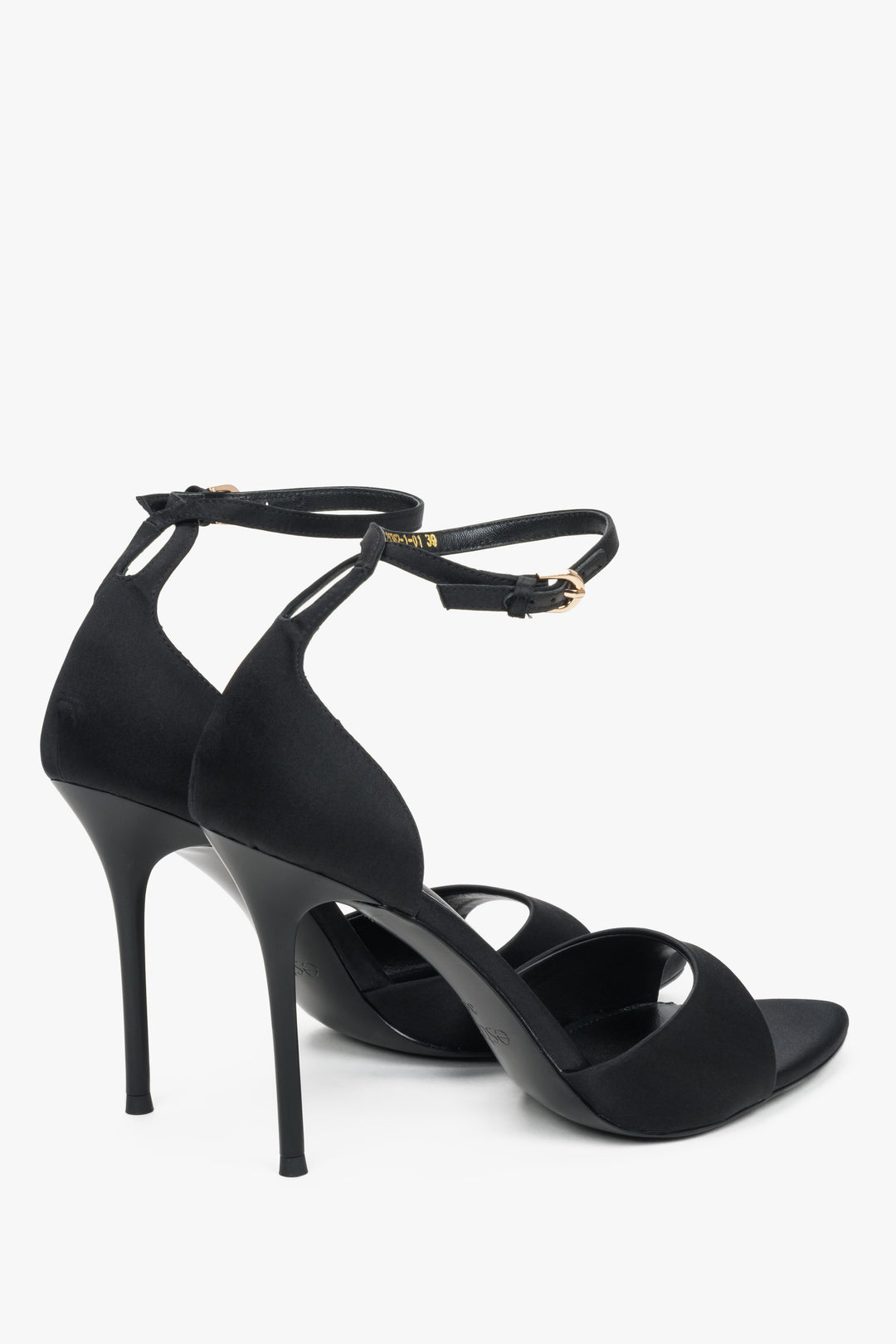 Black high heel sandal with ankle strap and feather trim by Estro