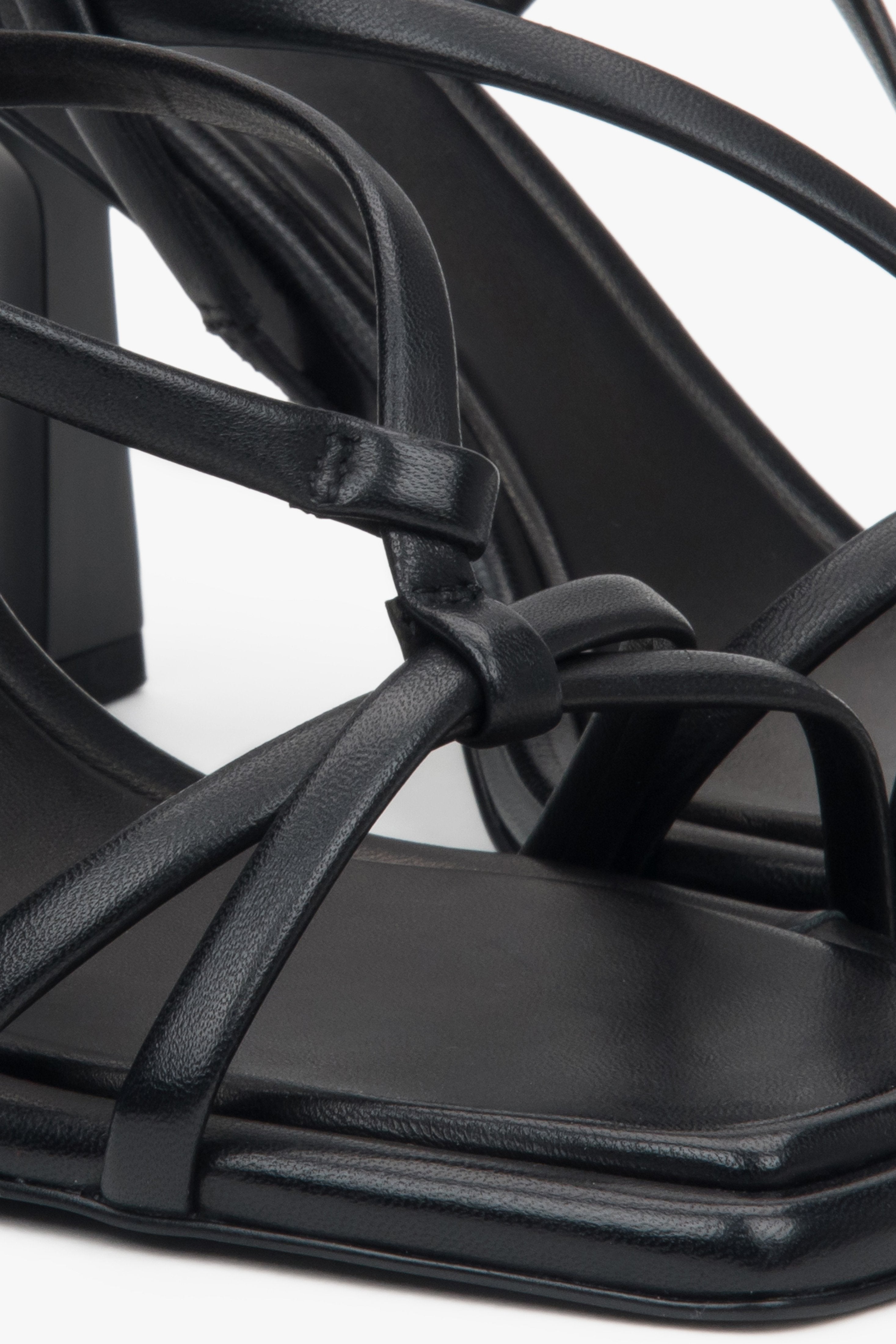 Women’s black high-heeled sandals in genuine leather by Estro – detail close-up.