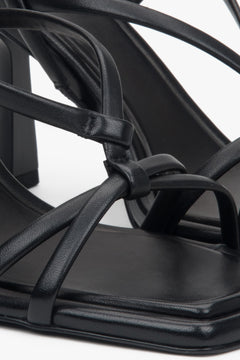 Women’s black high-heeled sandals in genuine leather by Estro – detail close-up.