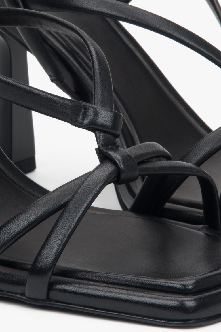 Women’s black high-heeled sandals in genuine leather by Estro – detail close-up.