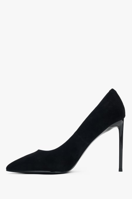 Women's black velour stilettos with a high heel.