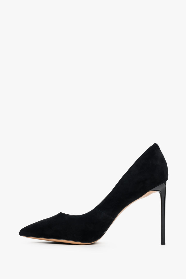 Women's black velour stilettos with a high heel.