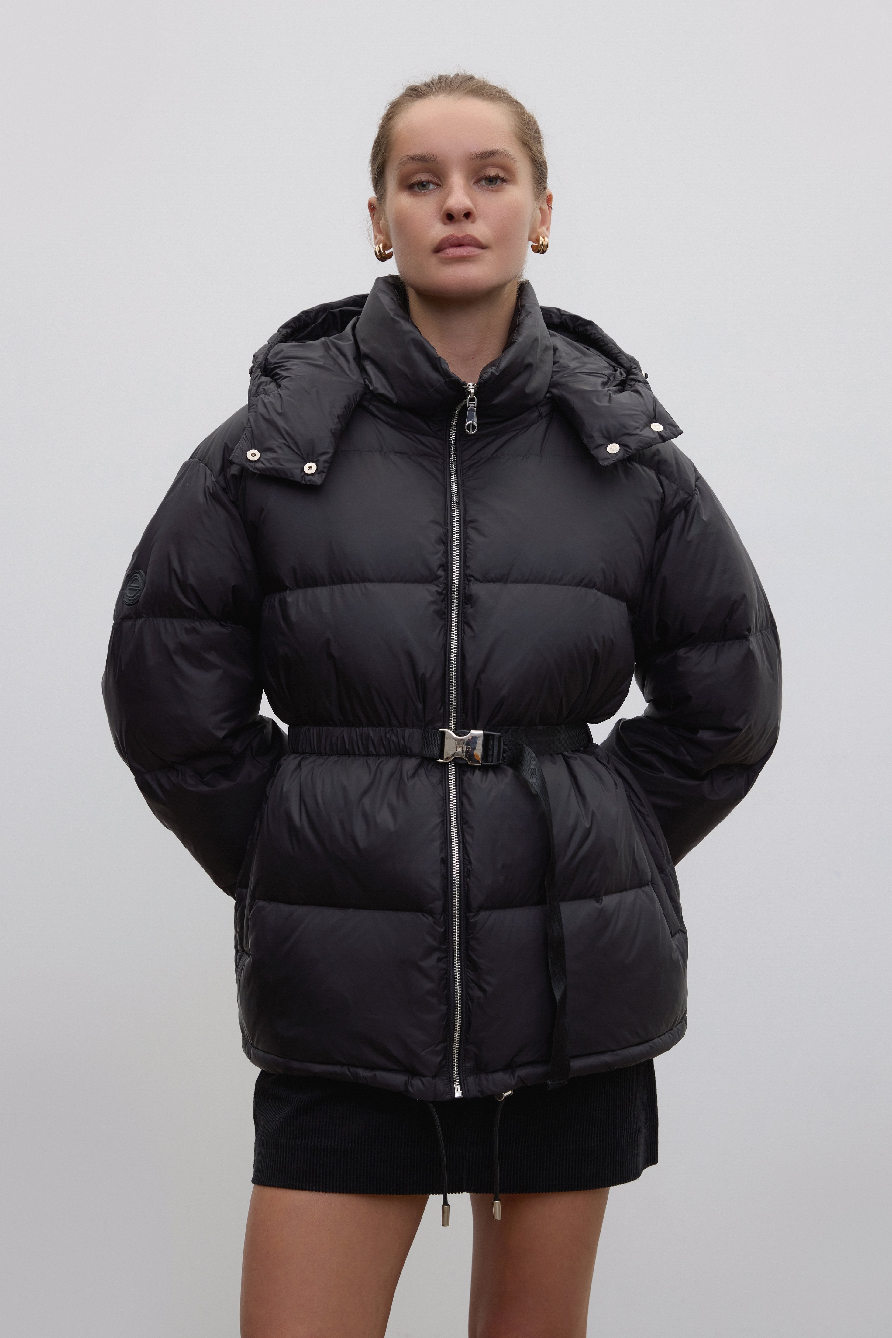 Women's Black Hip-Length Down Jacket with Belt Estro ER00118491.