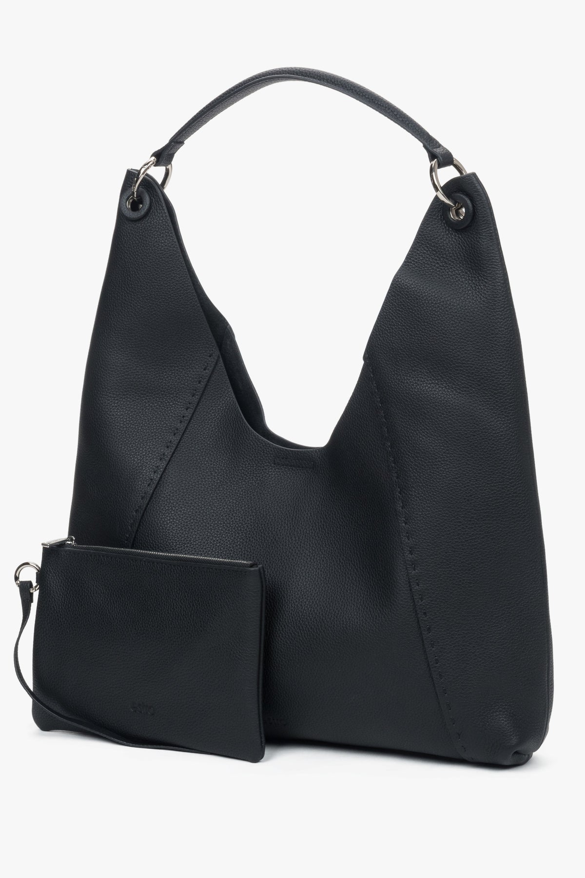 Genuine leather black hobo bag for women with magnetic snap closure and velour lining.