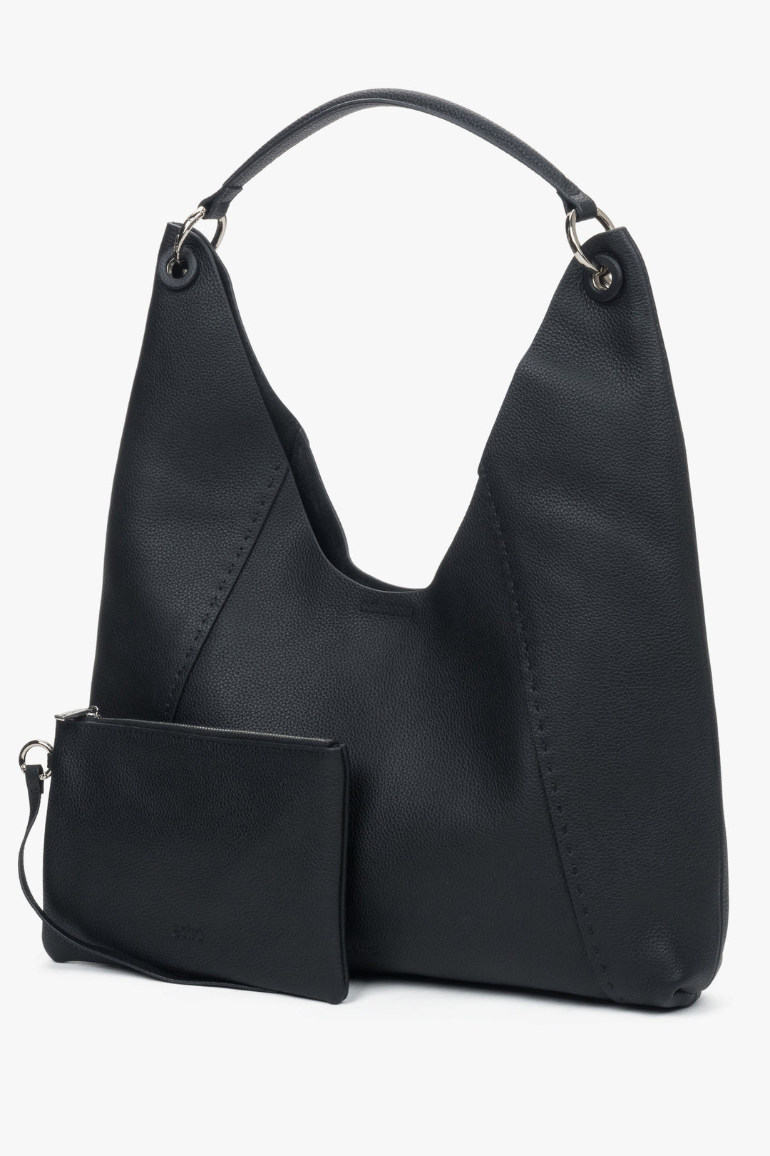 Genuine leather black hobo bag for women with magnetic snap closure and velour lining.