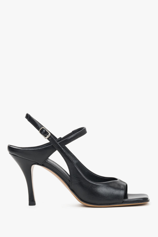 Women's black premium Italian leather sandals with an 8.5 cm stable stiletto by Guglielmo Rotta.