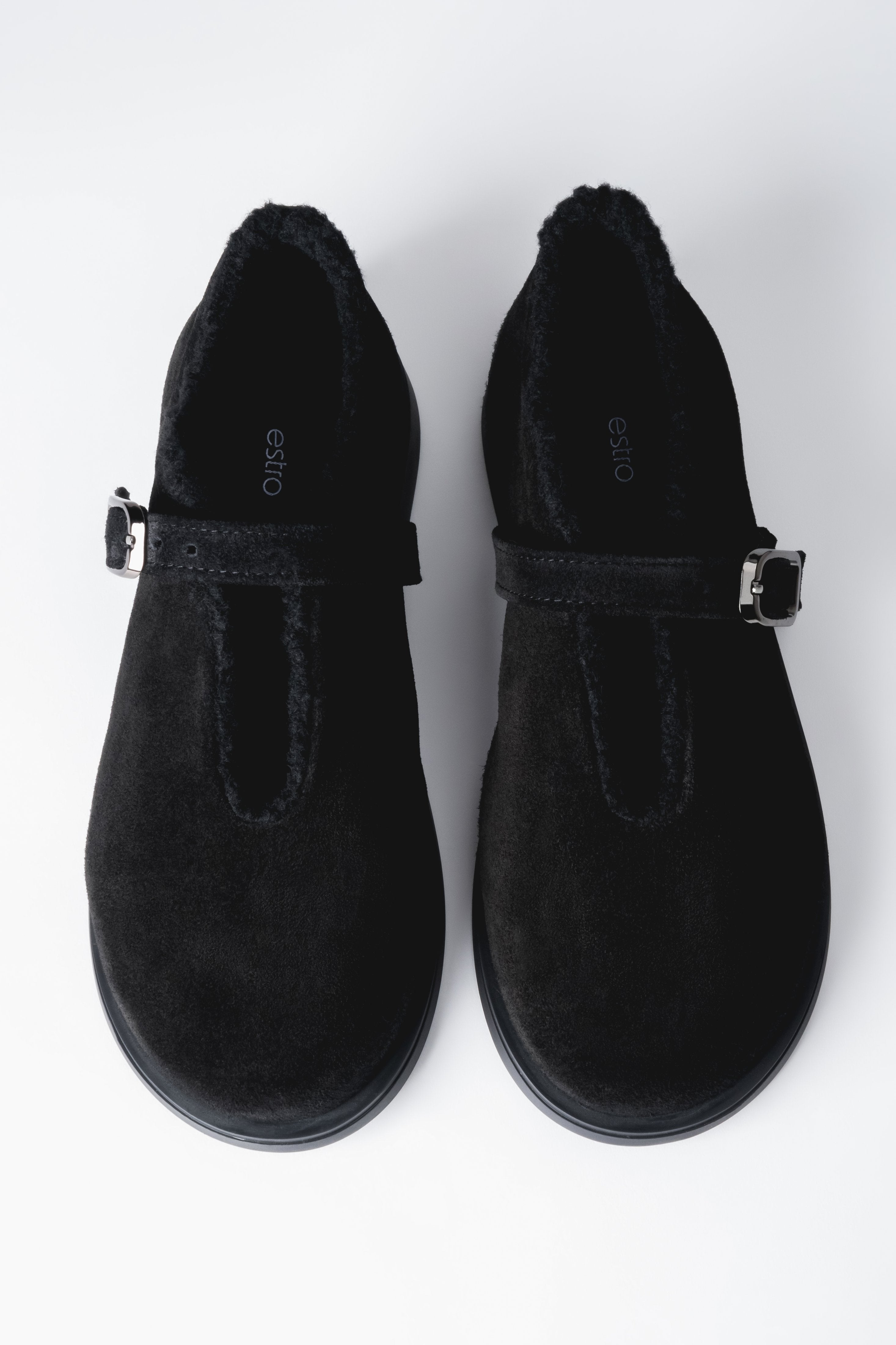 Women's Black Italian Premium Genuine Velour Ballerina Flats with Fur Lining Estro ER00120445.