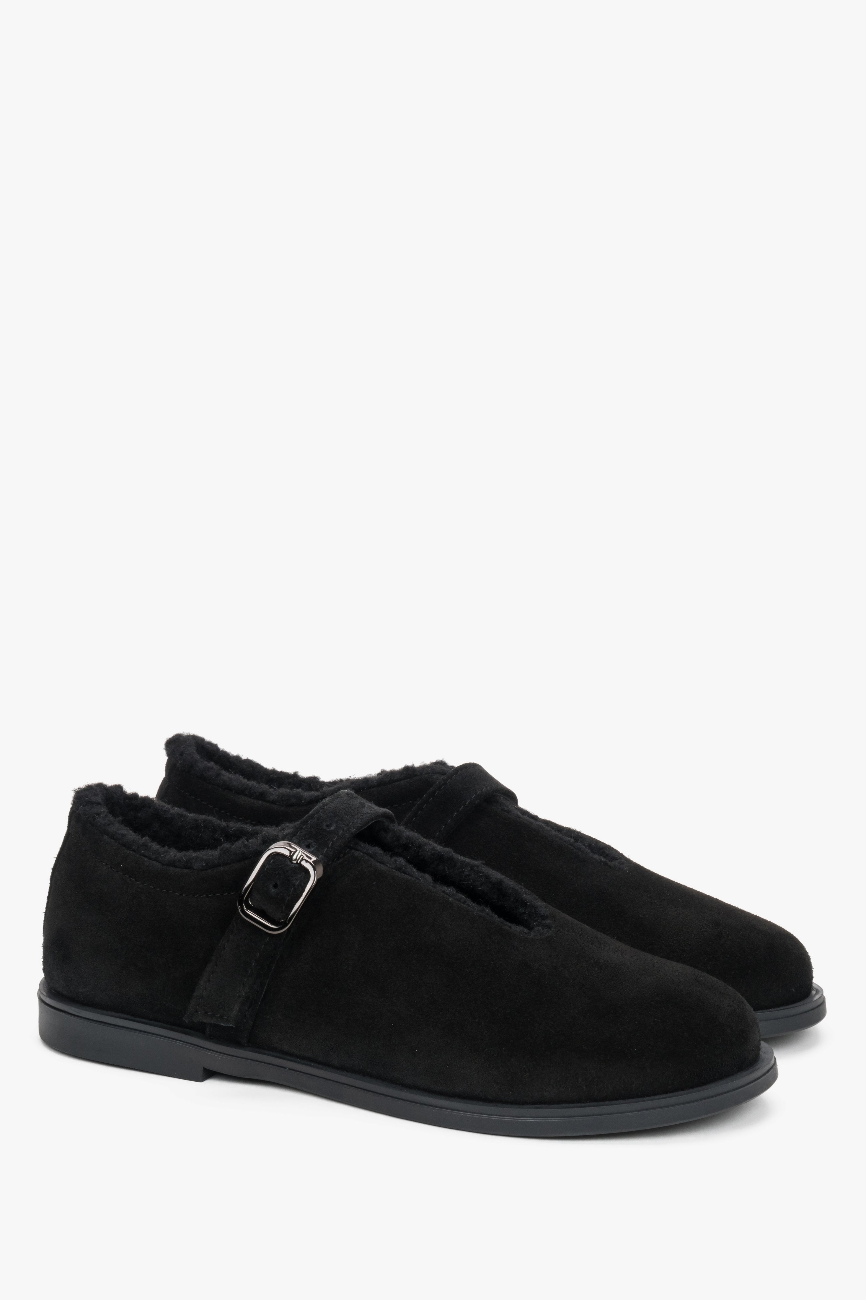 Black women’s ballerina shoes made of premium genuine velour leather and fur interior Estro.
