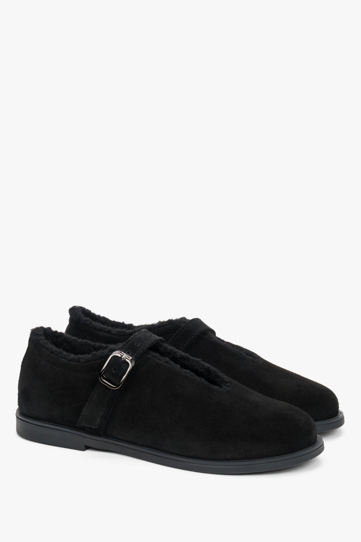 Black women’s ballerina shoes made of premium genuine velour leather and fur interior Estro.