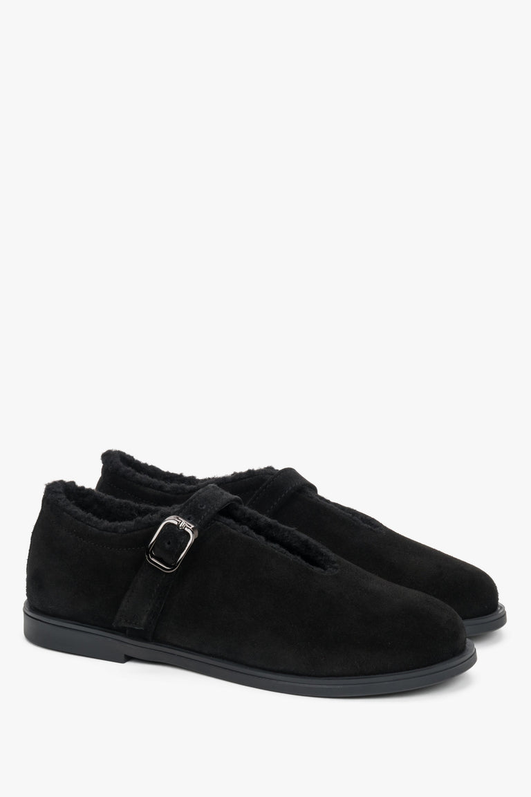 Black women’s ballerina shoes made of premium genuine velour leather and fur interior Estro.