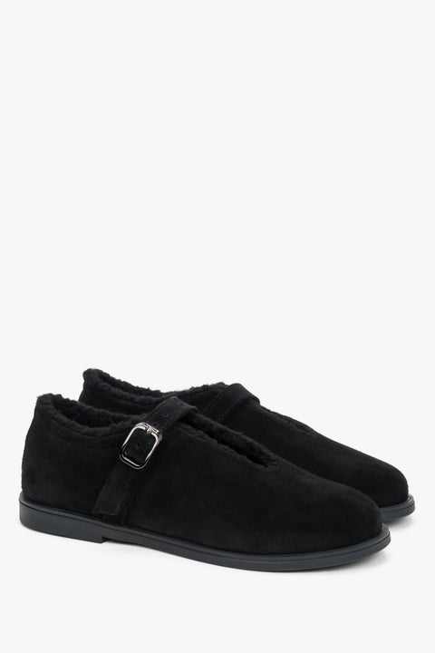 Black women’s ballerina shoes made of premium genuine velour leather and fur interior Estro.