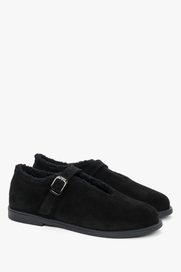 Black women’s ballerina shoes made of premium genuine velour leather and fur interior Estro.