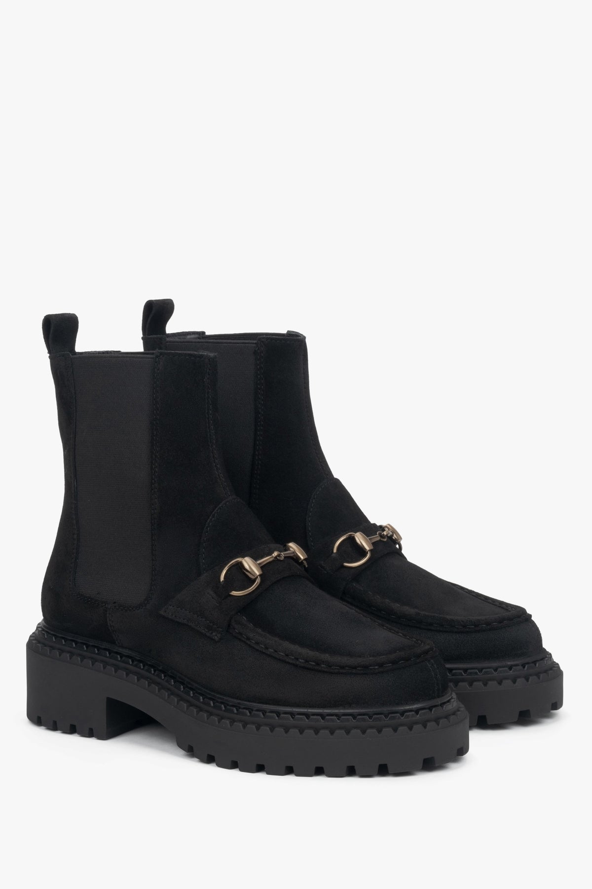 Women's black Chelsea boots made of Premium Italian Genuine Velour with gold buckle.