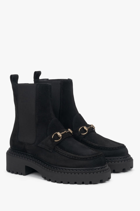 Women's black Chelsea boots made of Premium Italian Genuine Velour with gold buckle.