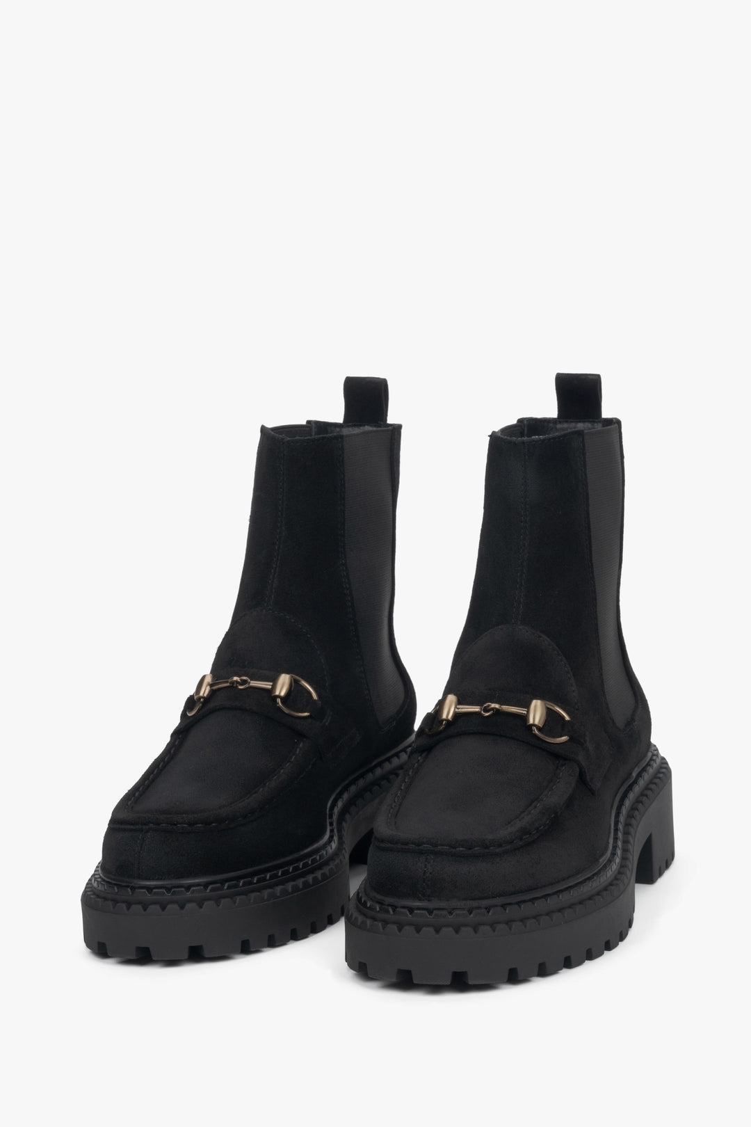 Women's black Chelsea boots made of Premium Italian Genuine Velour with gold buckle Estro.