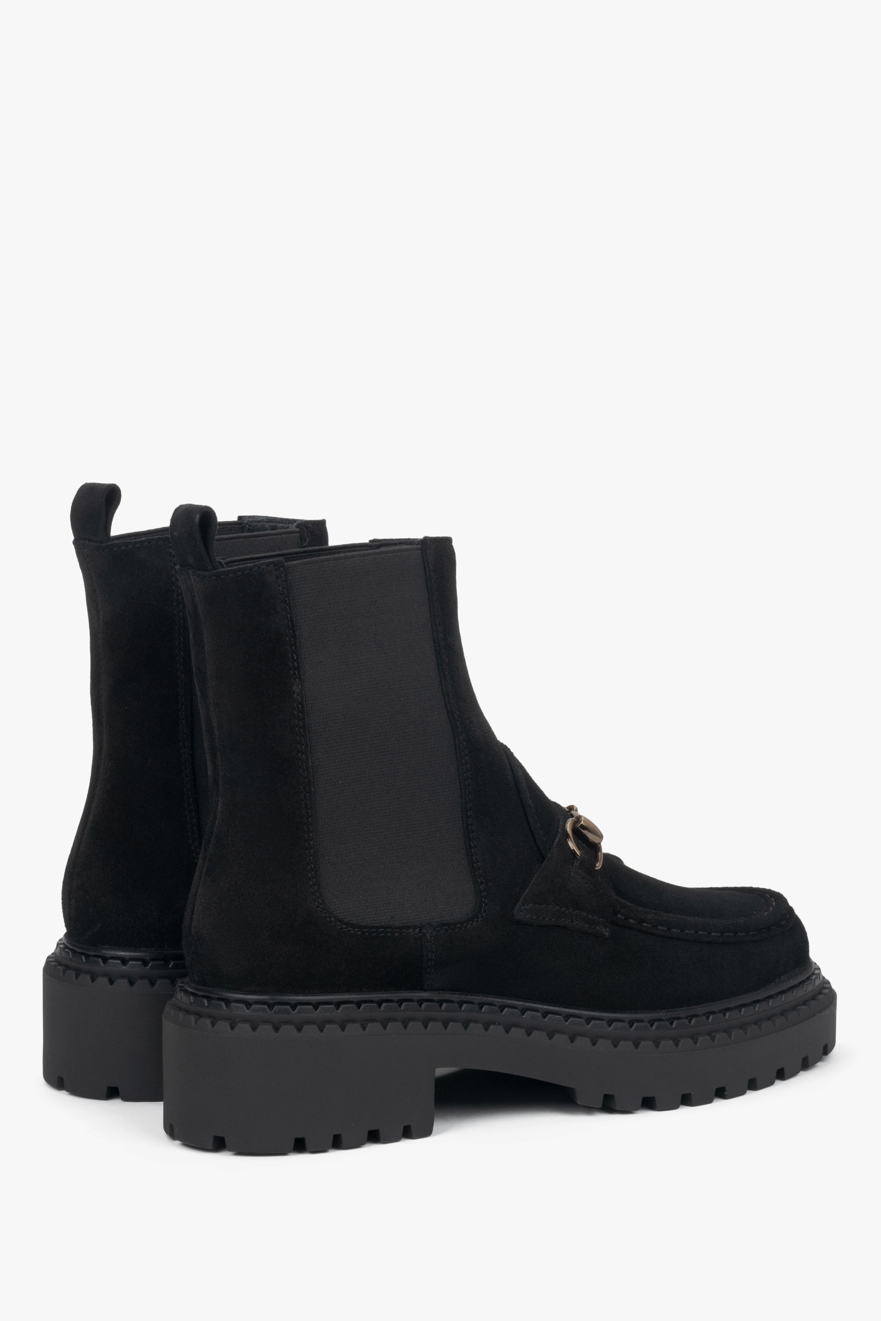 Made of Premium Italian Genuine Velour, women's black Chelsea boots with gold buckle Estro.