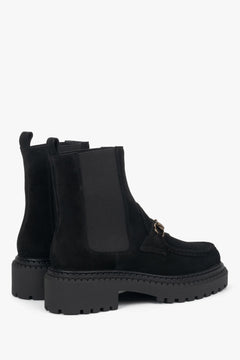 Made of Premium Italian Genuine Velour, women's black Chelsea boots with gold buckle Estro.