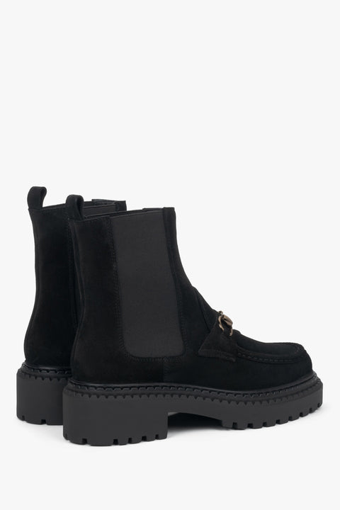 Made of Premium Italian Genuine Velour, women's black Chelsea boots with gold buckle Estro.