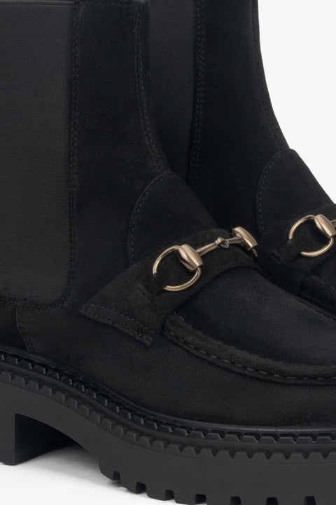 Women's black Chelsea boots made of Premium Italian Genuine Velour with gold buckle.