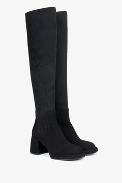 Step into timeless elegance — sleek black high boots crafted from genuine velour with a flattering stretch shaft that enhances every silhouette.