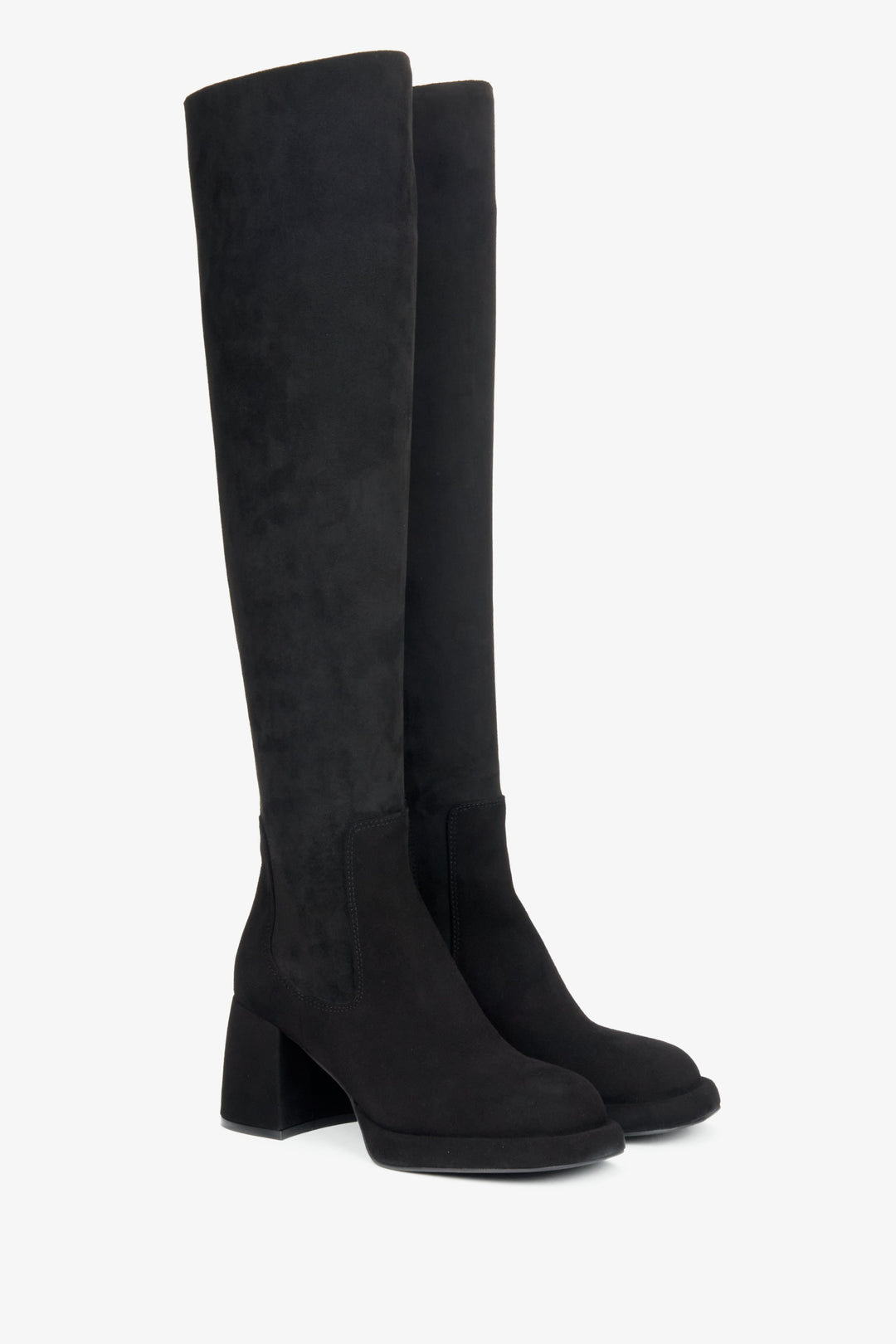 Step into timeless elegance — sleek black high boots crafted from genuine velour with a flattering stretch shaft that enhances every silhouette.