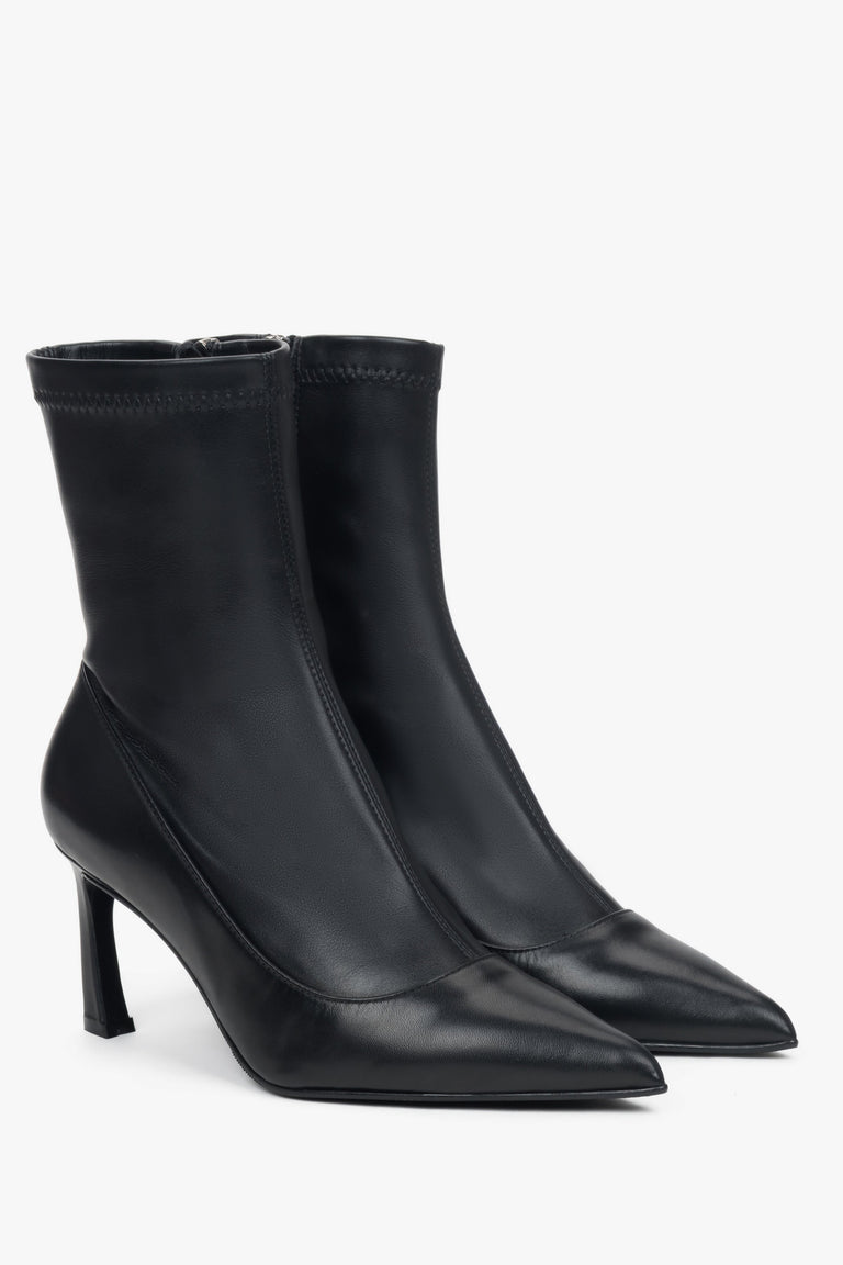 Women's black leather ankle boots with elastic shaft and stiletto heel Estro.
