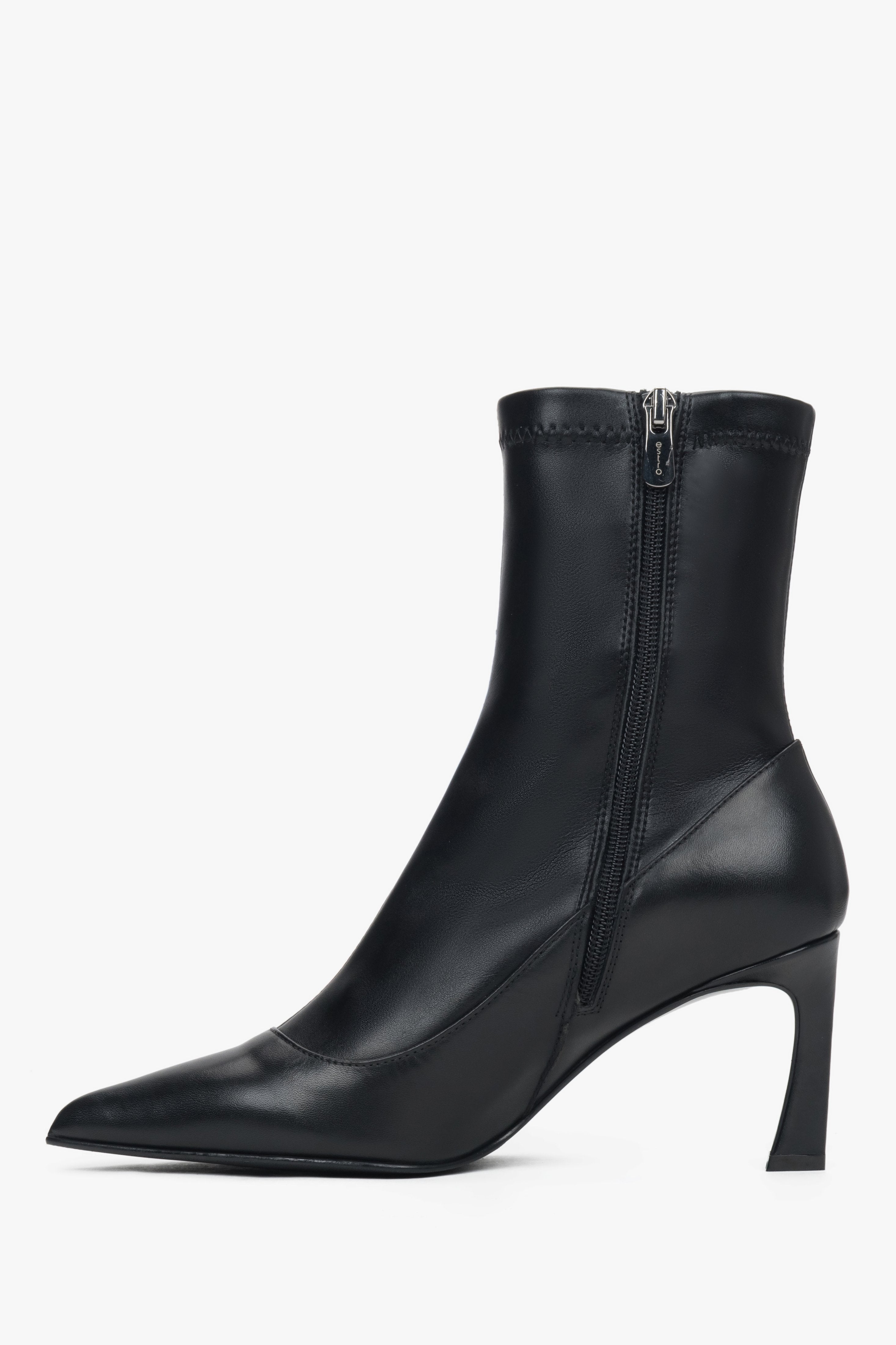 Women's ankle boots Estro, black, leather, with elastic shaft and stiletto heel.
