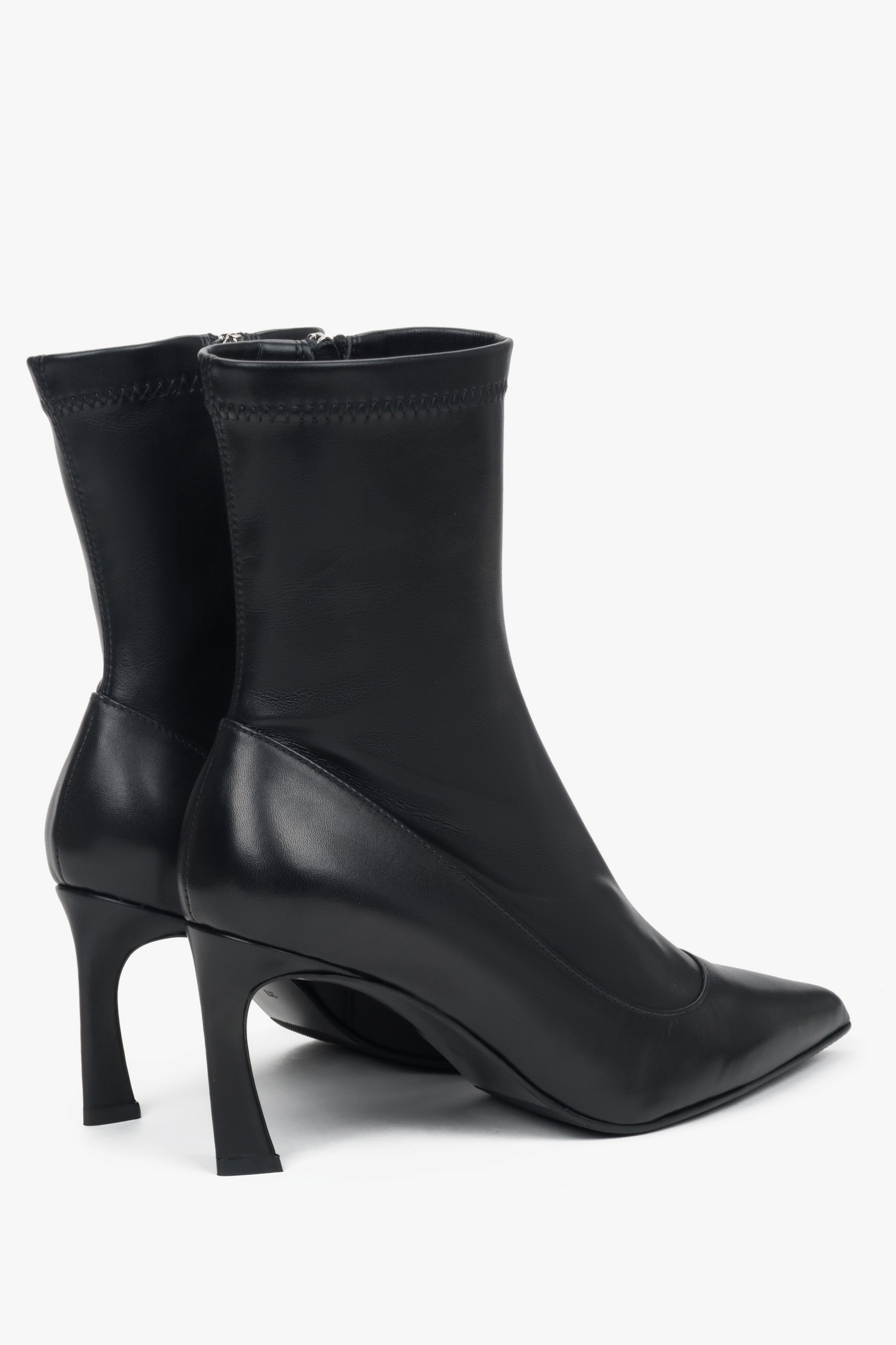 On a stiletto heel, women's black leather ankle boots with elastic shaft Estro.
