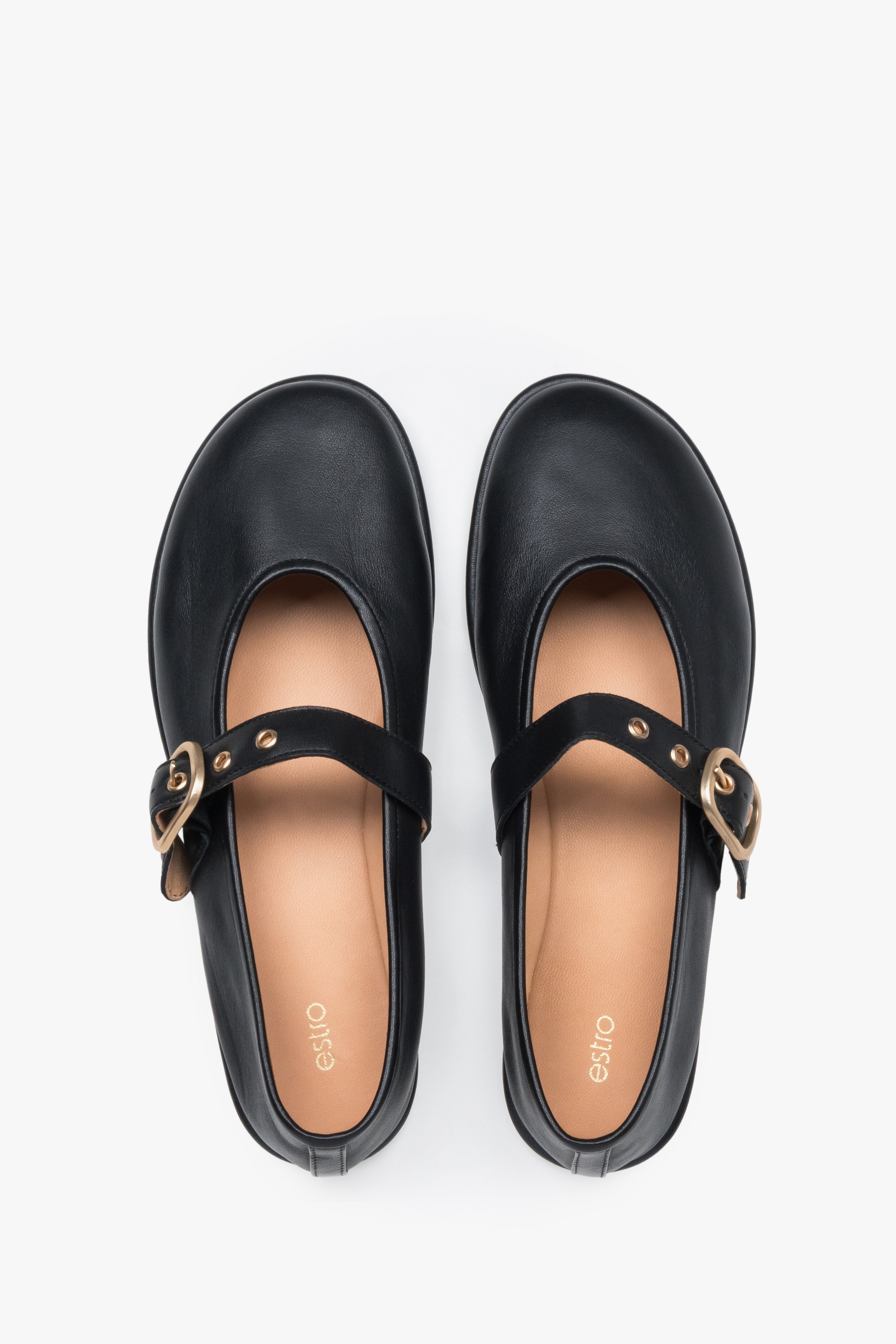Women's Black Leather Ballet Flats with a Gold Buckle Estro ER00119876.