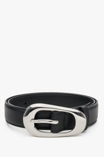 Women's Black Leather Belt with Smooth Texture & Large Oval Buckle Estro ER00120715.