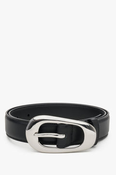 Women's Black Leather Belt with Smooth Texture & Large Oval Buckle Estro ER00120715.