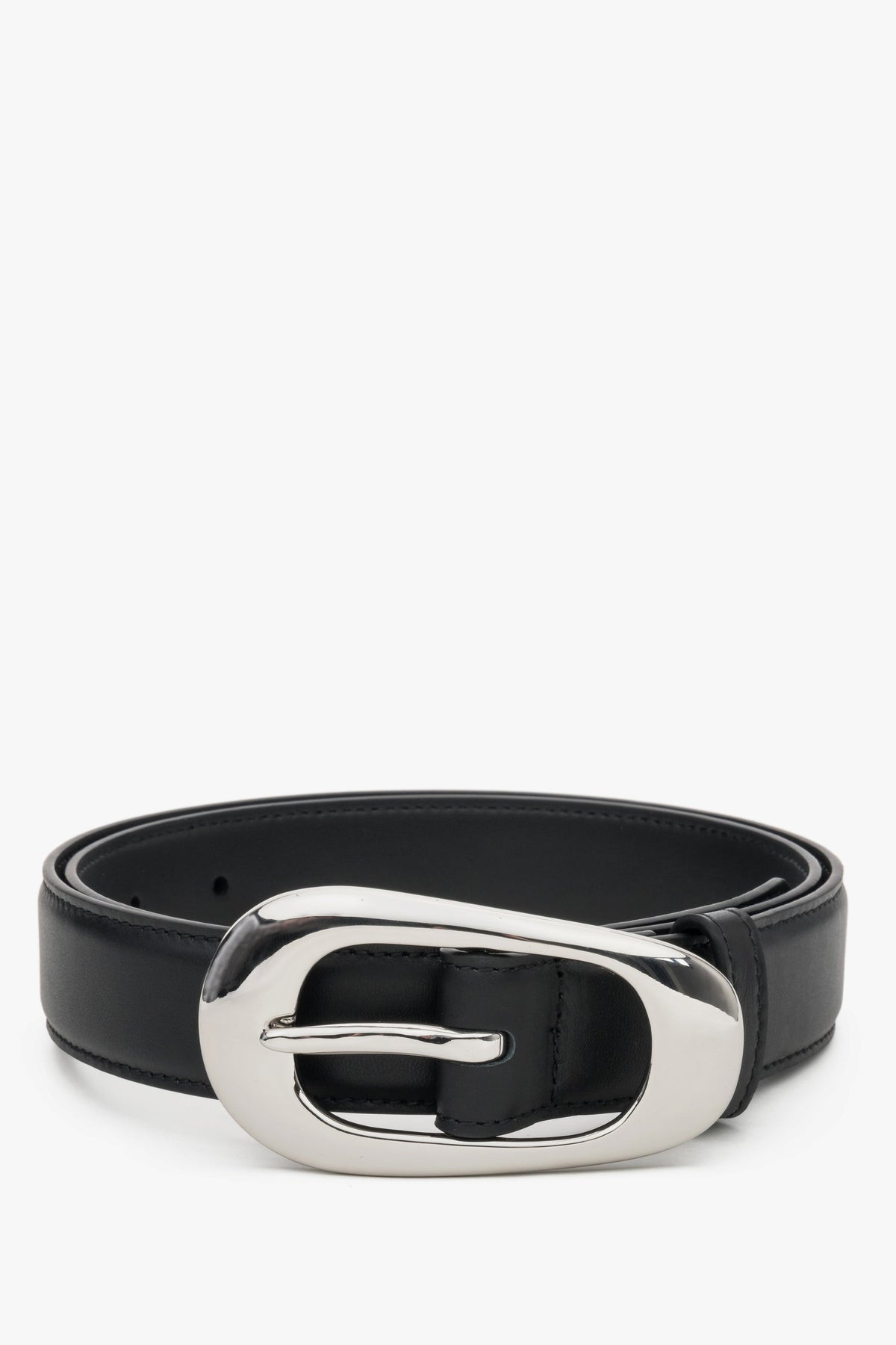 Women's Black Leather Belt with Smooth Texture & Large Oval Buckle Estro ER00120715.