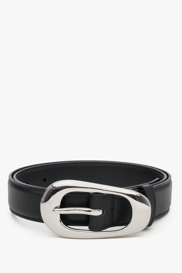 Women's Black Leather Belt with Smooth Texture & Large Oval Buckle Estro ER00120715.