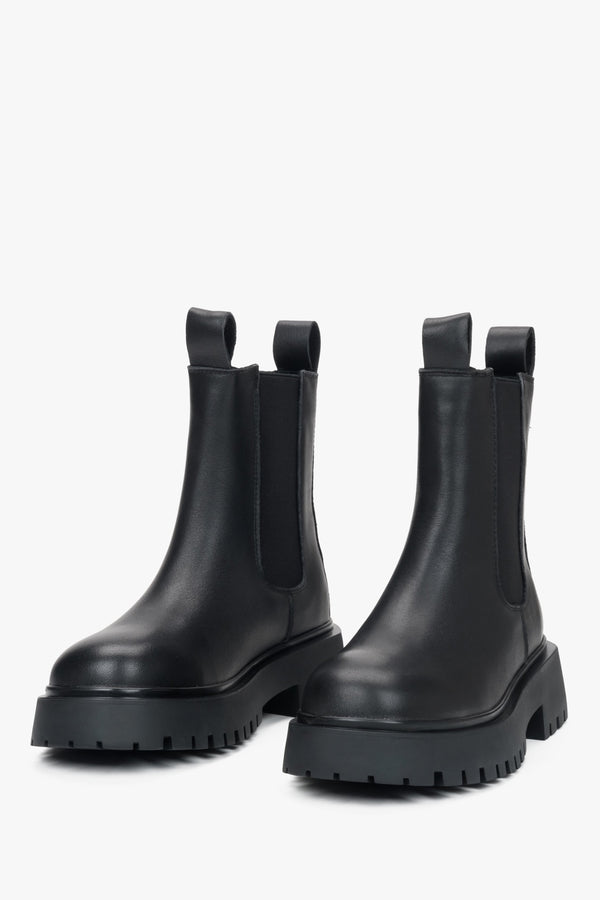 Black leather Chelsea boots for women, designed by Estro.