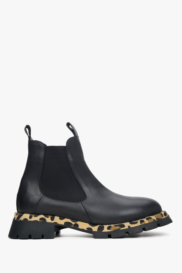 Women's Black Leather Chelsea Boots with Animal Print Estro ER00114061