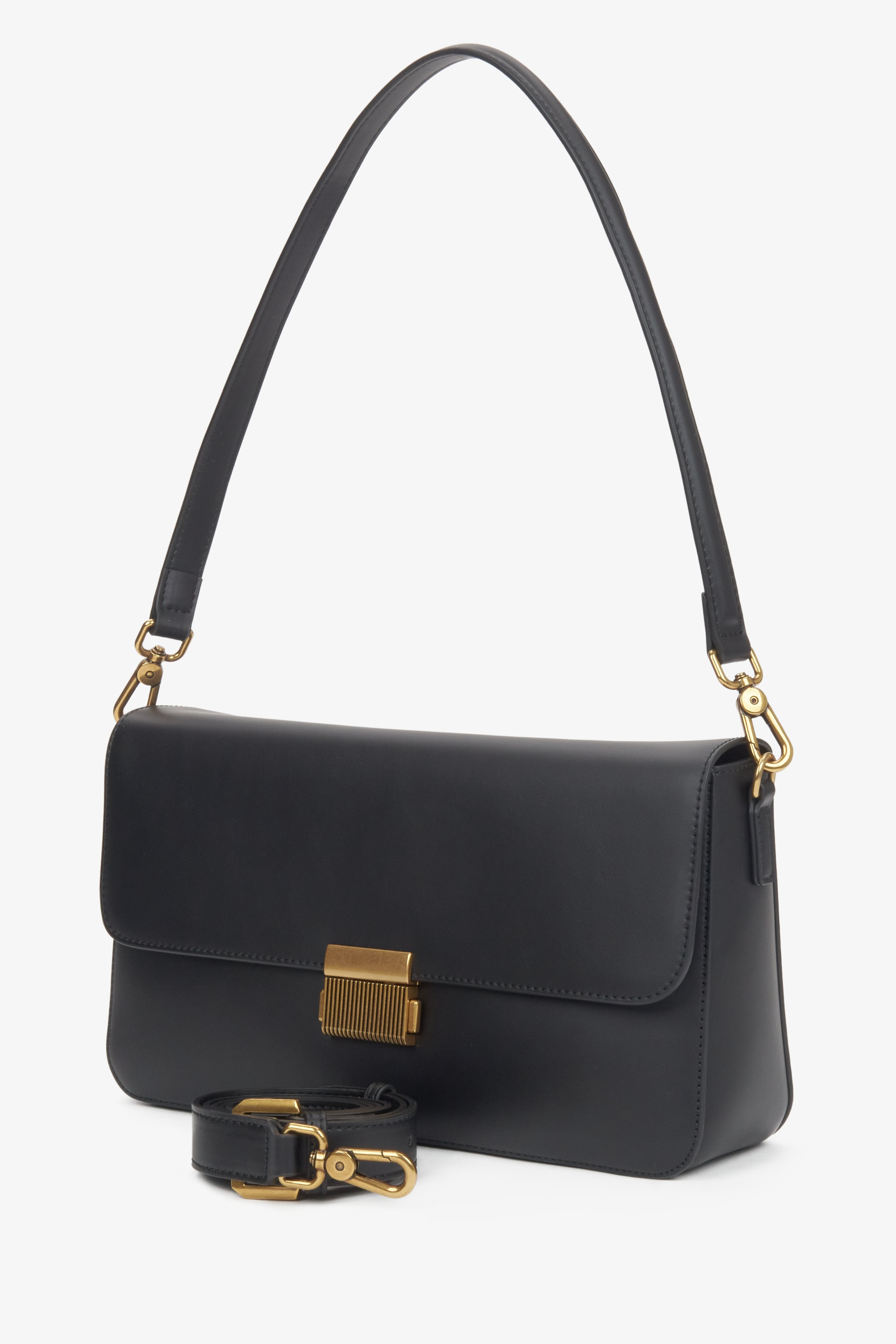 Women's black genuine leather crossbody bag with gold hardware.