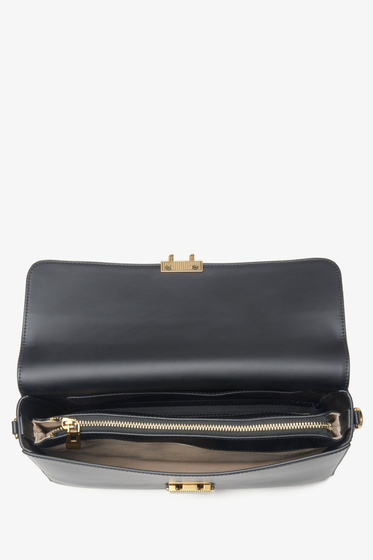 Women's black crossbody bag made of genuine leather with gold hardware Estro.