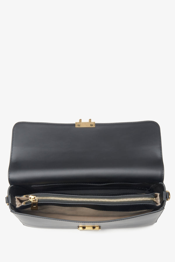 Women's black crossbody bag made of genuine leather with gold hardware Estro.