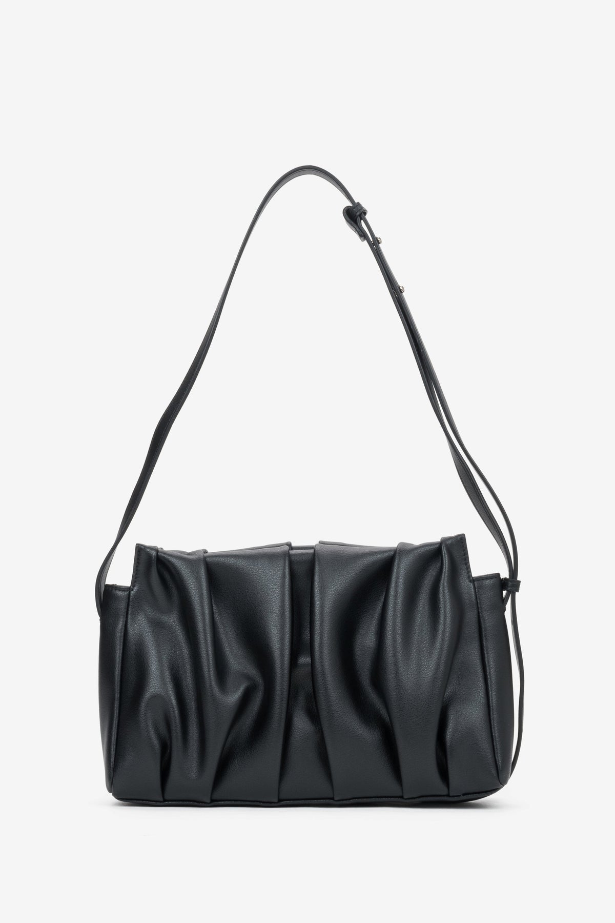 Women's black genuine leather crossbody messenger bag featuring elegant vertical ruched detail, Estro.