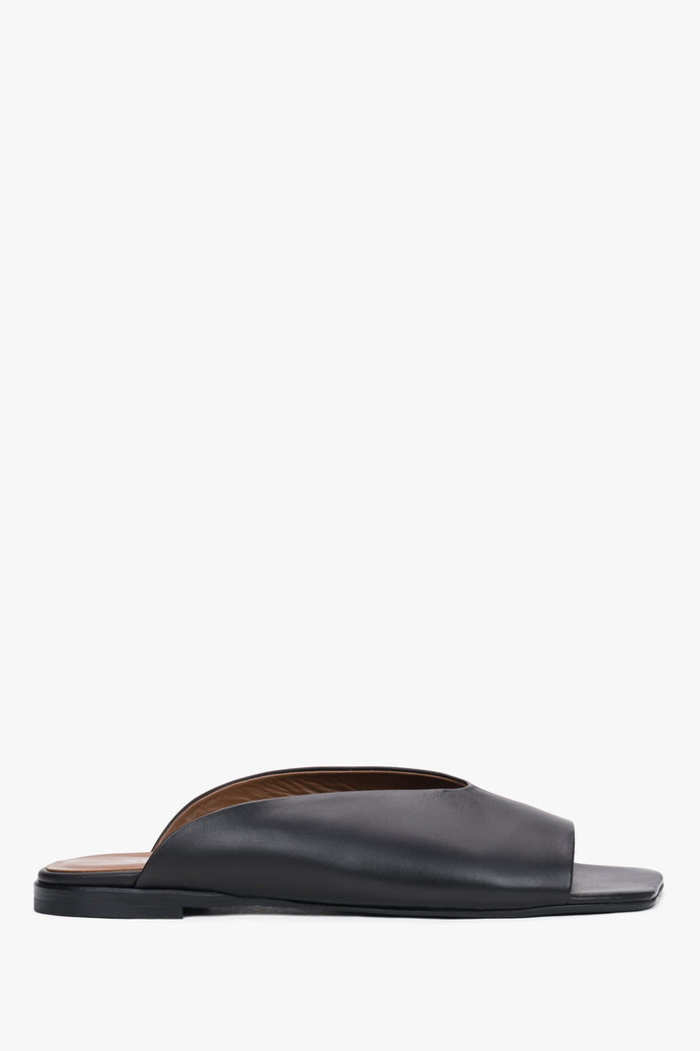 Women's black leather flat mules with square toe by Estro