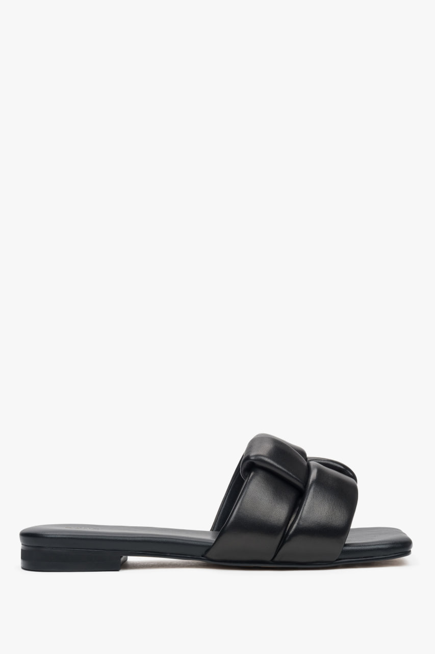 Women’s black genuine leather slide sandals Estro ER00114724 with flat sole