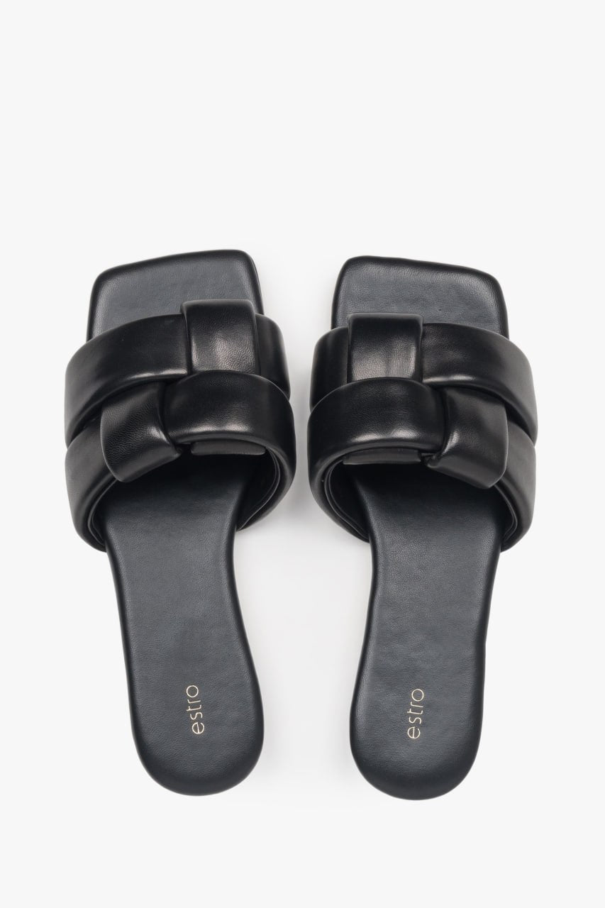 Women’s black leather slides Estro with wide straps and a clean minimalist look