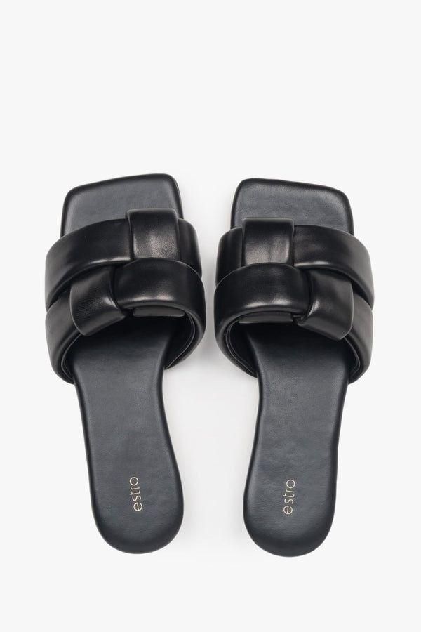 Women’s black leather slides Estro with wide straps and a clean minimalist look