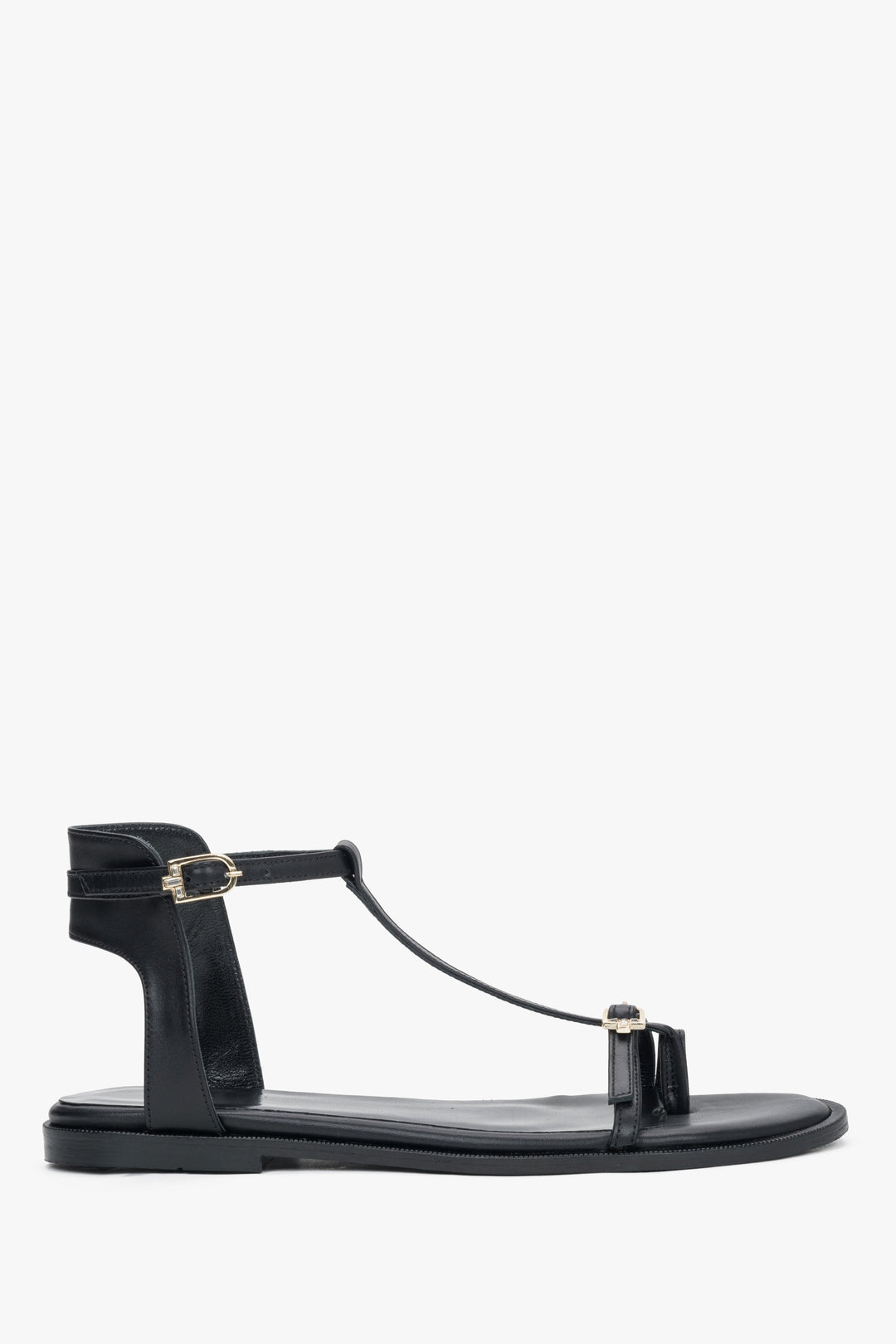 Women's black leather flat sandals with gold details by Estro