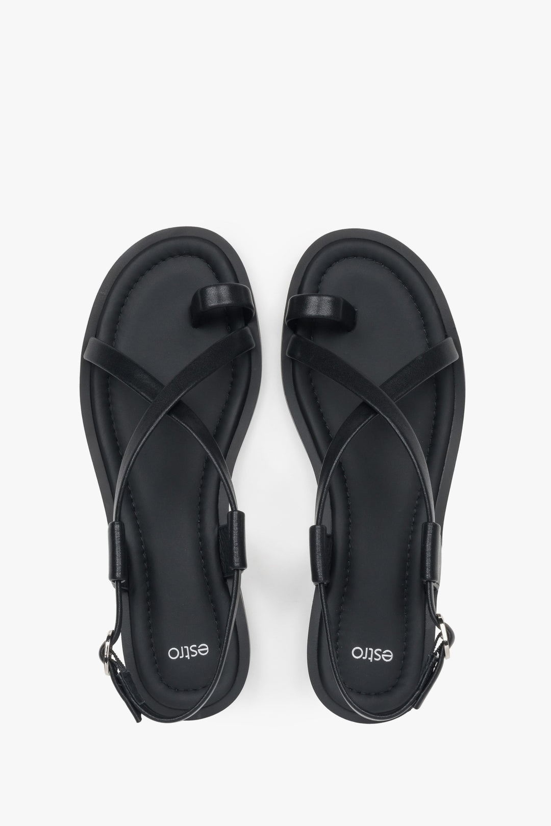 Women’s sandals, black, leather, on a flat sole with a toe loop, Estro.