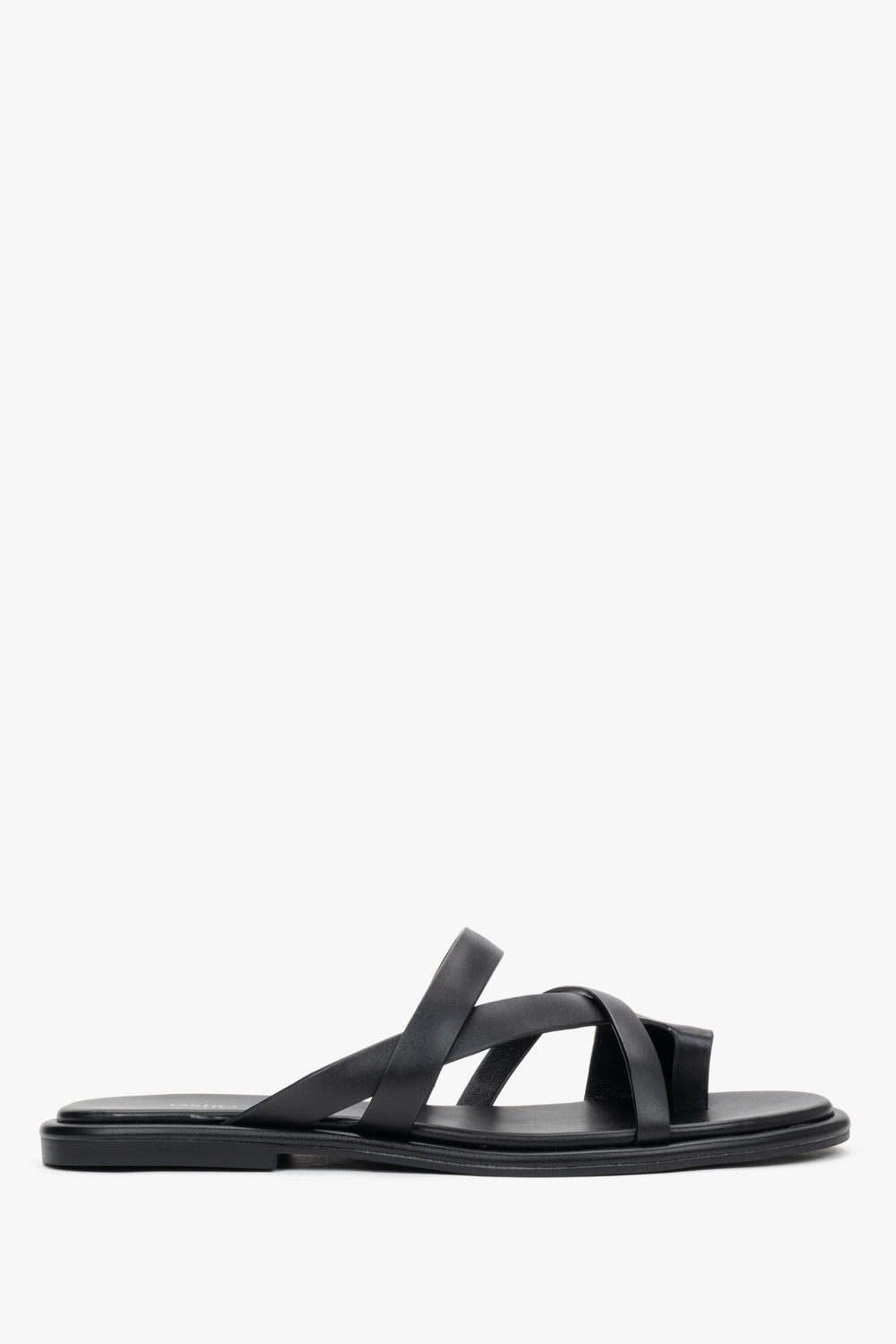 Women's Black Genuine Leather Flat Slide Sandals with Toe Loop Estro ER00119391.