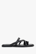 Women's Black Genuine Leather Flat Slide Sandals with Toe Loop Estro ER00119391.