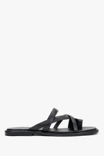 Women's Black Genuine Leather Flat Slide Sandals with Toe Loop Estro ER00119391.